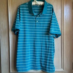 PGA Tour Men’s Polo XXL Teal Green White Stripe 3 Button Neck, Very Long!